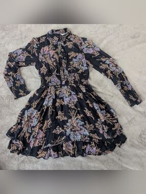 Free People Black Floral Long-Sleeve Collared Dress